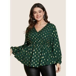 1XL Polka Dot Lantern‎ Sleeve Wrap Ruffle Blouse
